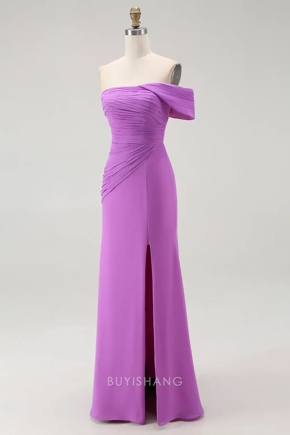 Elegant Purple One Shoulder Ruched Mermaid Long Formal Dress with Slit Prom Dress