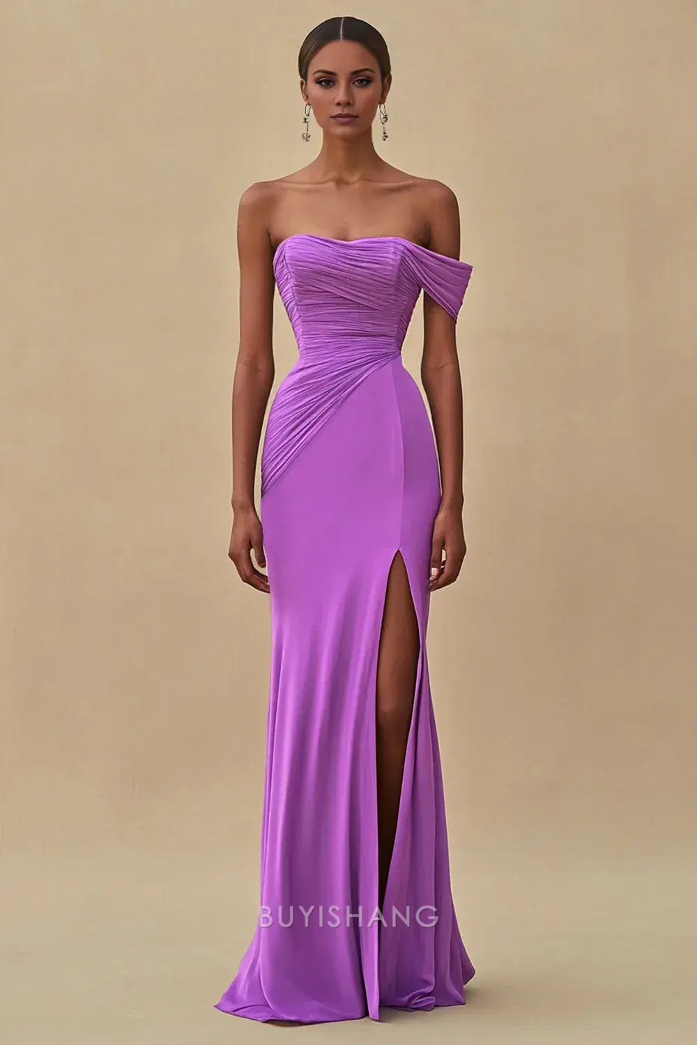 Elegant Purple One Shoulder Ruched Mermaid Long Formal Dress with Slit Prom Dress