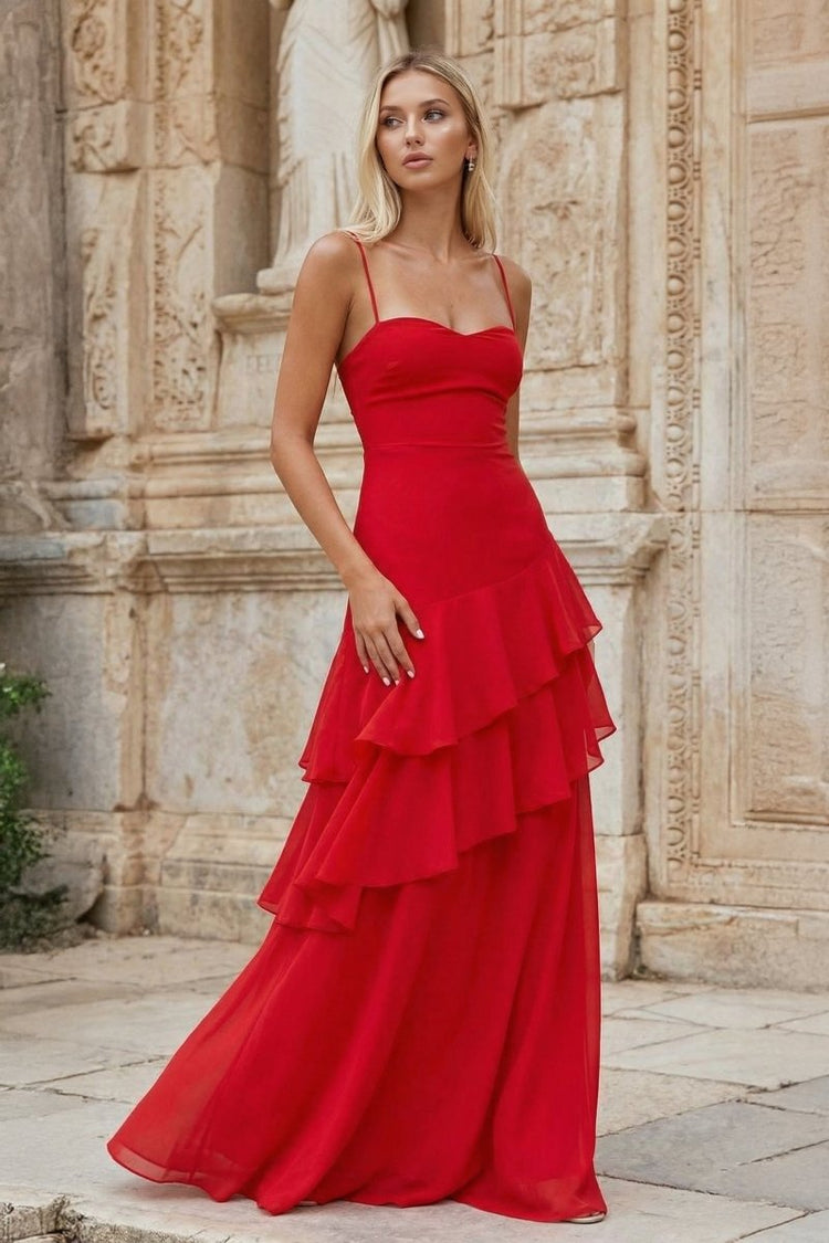 Elegant Red A-Line Sweetheart Spaghetti-Strap Lace-Up Back Chiffon Floor-Length Prom Dresses with Ruffles