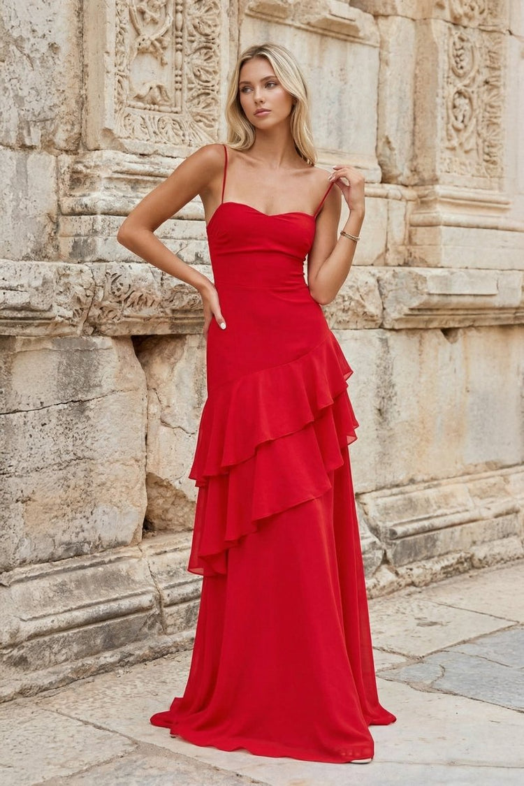 Elegant Red A-Line Sweetheart Spaghetti-Strap Lace-Up Back Chiffon Floor-Length Prom Dresses with Ruffles
