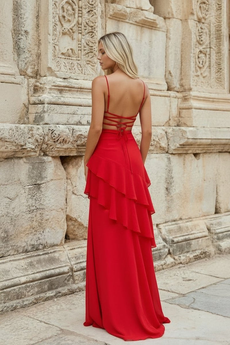 Elegant Red A-Line Sweetheart Spaghetti-Strap Lace-Up Back Chiffon Floor-Length Prom Dresses with Ruffles