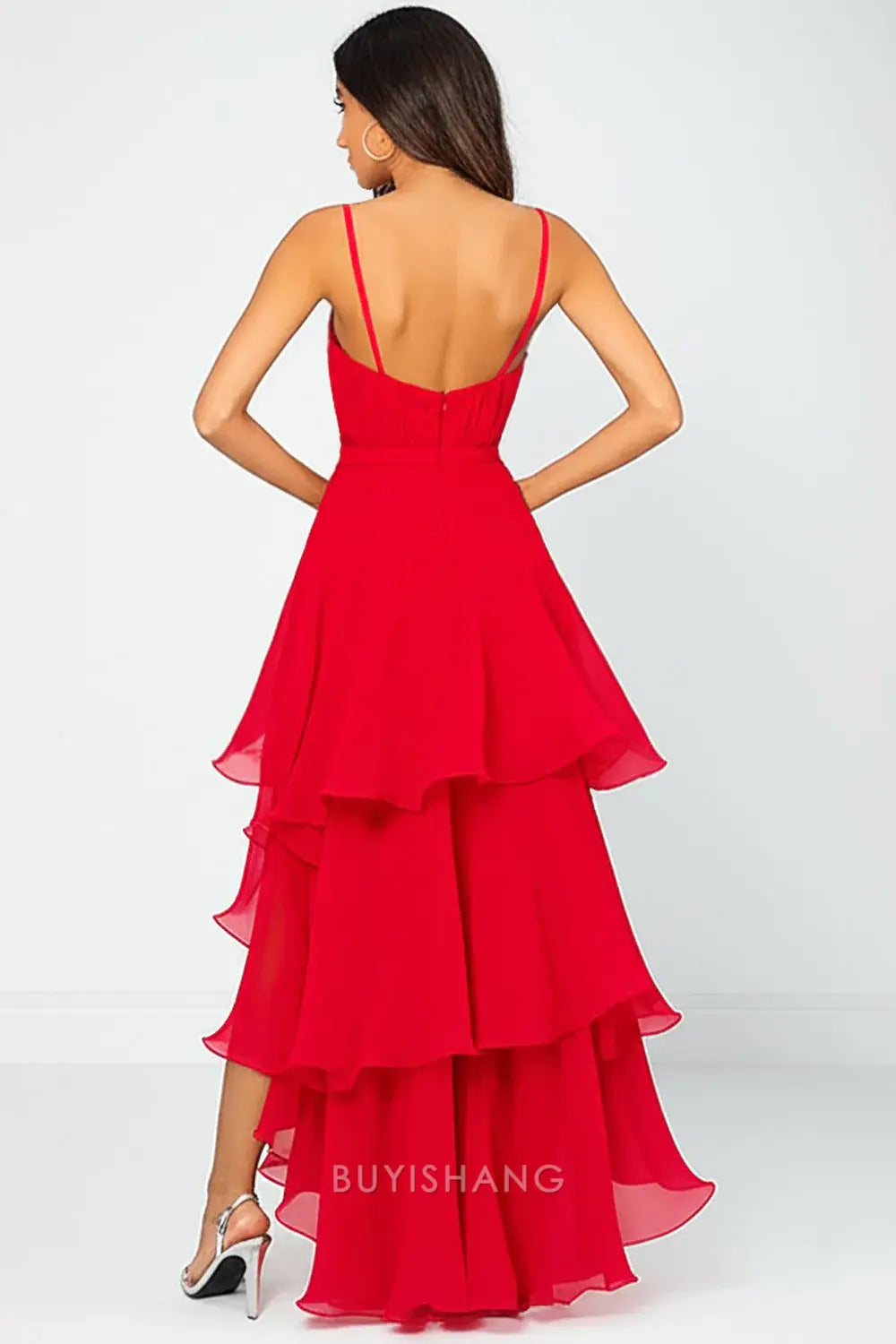 Elegant Red Deep V-Neck Pleated Long Asymmetrical Chiffon Formal Dress Prom Dress