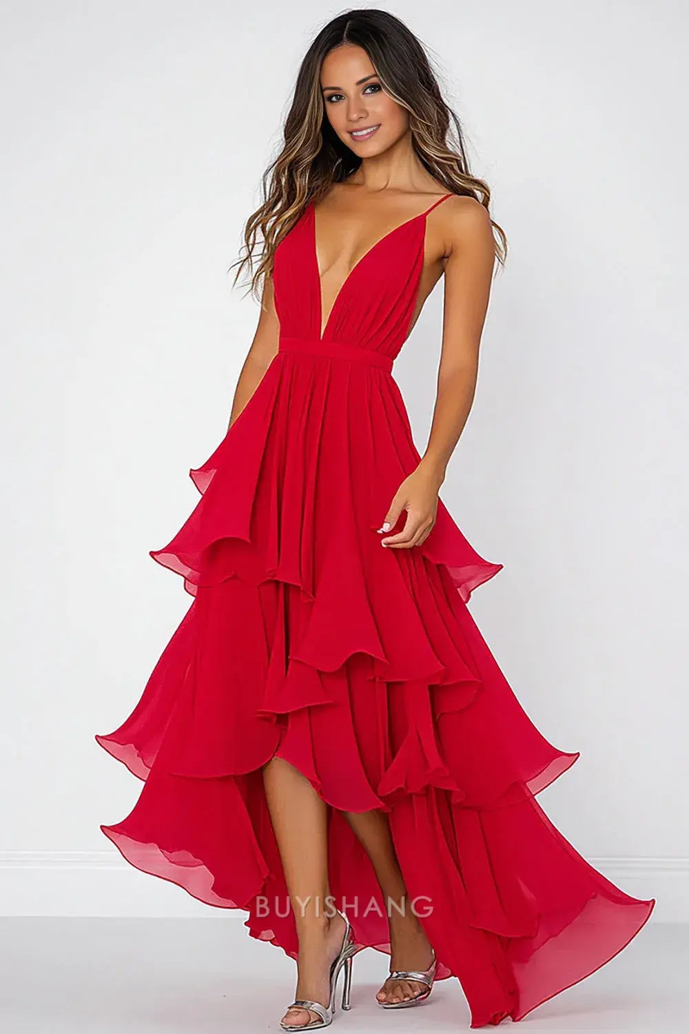 Elegant Red Deep V-Neck Pleated Long Asymmetrical Chiffon Formal Dress Prom Dress