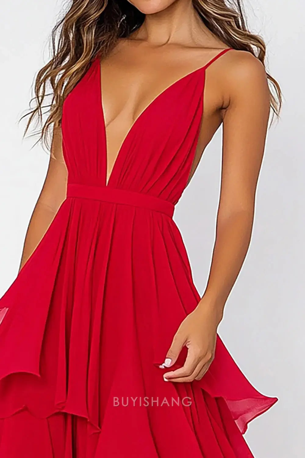 Elegant Red Deep V-Neck Pleated Long Asymmetrical Chiffon Formal Dress Prom Dress