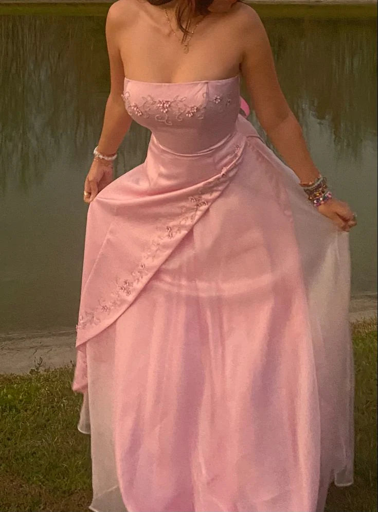 Buyishang Elegant Retro A Line Strapless Pink Chiffon Long Party Dress Prom Dresses