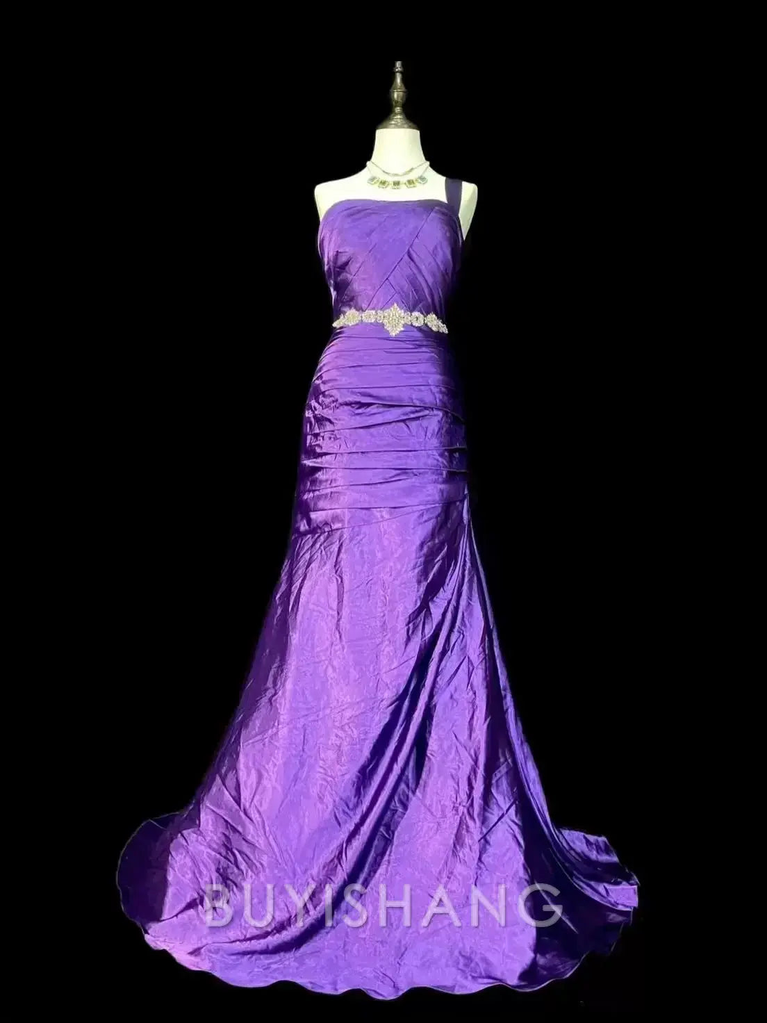 Buyishang Elegant Retro Mermaid One Shoulder Satin Grape Long Evening Dress Prom Dresses