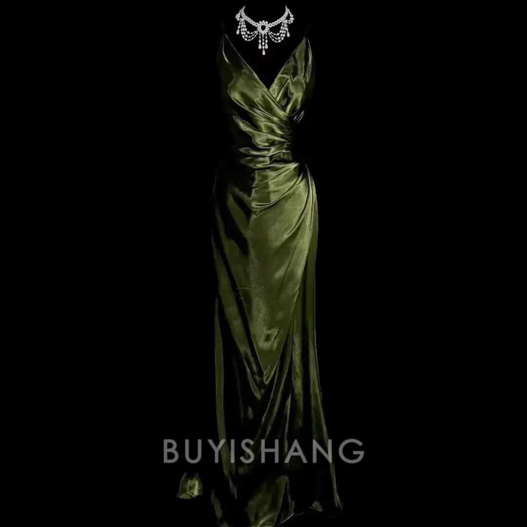 Buyishang Elegant Retro Mermaid Spaghetti Straps Satin Green Long Evening Dress Prom Dresses