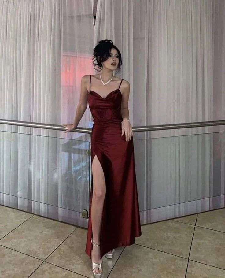 Buyishang Elegant Retro Sheath Spaghetti Straps Burgundy Satin Long Party Dress Prom Dresses