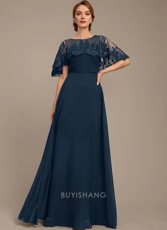 Elegant Round Neck Lace Appliqué Cape Sleeve Chiffon A-Line Maxi Dress Mother of the Bride Dress