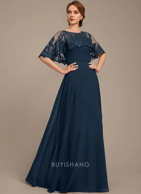 Elegant Round Neck Lace Appliqué Cape Sleeve Chiffon A-Line Maxi Dress Mother of the Bride Dress
