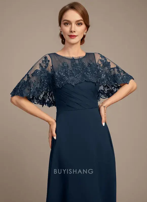 Elegant Round Neck Lace Appliqué Cape Sleeve Chiffon A-Line Maxi Dress Mother of the Bride Dress