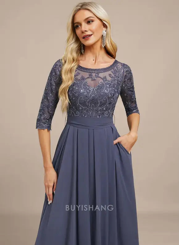 Elegant Round Neck Lace Appliqué Three-Quarter Sleeve Chiffon A-Line Maxi Dress with Bow Detail Mother of the Bride Dress