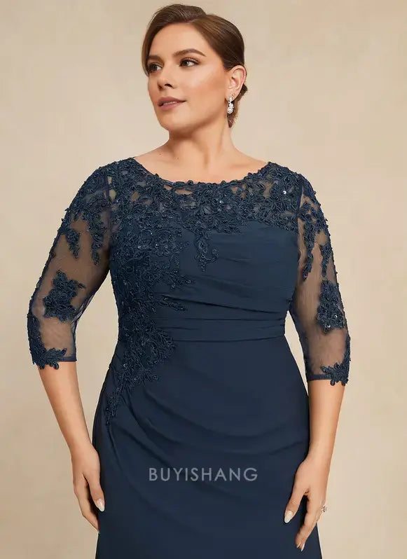 Elegant Round Neck Lace Appliqué Three-Quarter Sleeve Ruched Mermaid Maxi Dress Mother of the Bride Dress