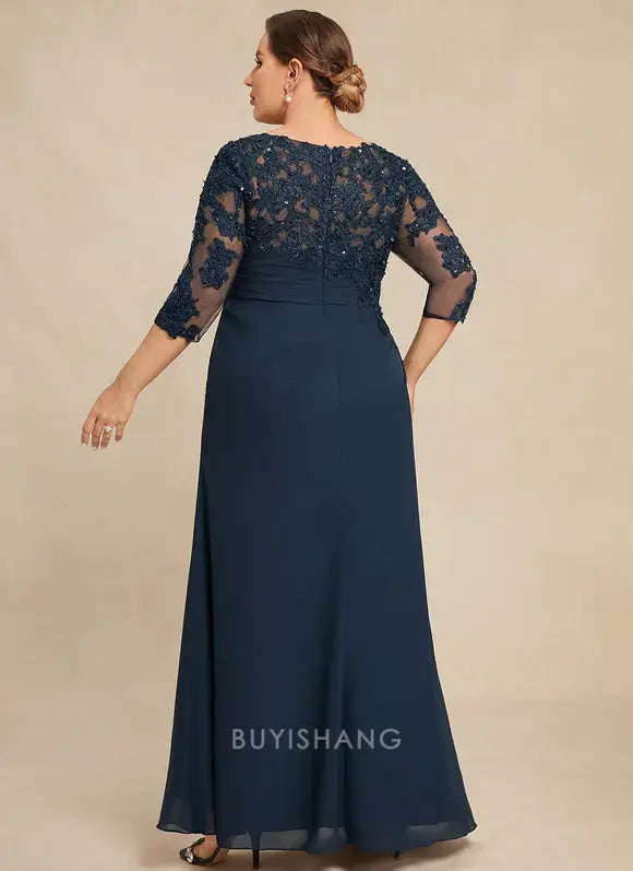 Elegant Round Neck Lace Appliqué Three-Quarter Sleeve Ruched Mermaid Maxi Dress Mother of the Bride Dress