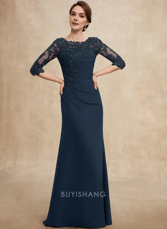 Elegant Round Neck Lace Appliqué Three-Quarter Sleeve Ruched Mermaid Maxi Dress Mother of the Bride Dress