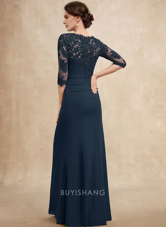 Elegant Round Neck Lace Appliqué Three-Quarter Sleeve Ruched Mermaid Maxi Dress Mother of the Bride Dress