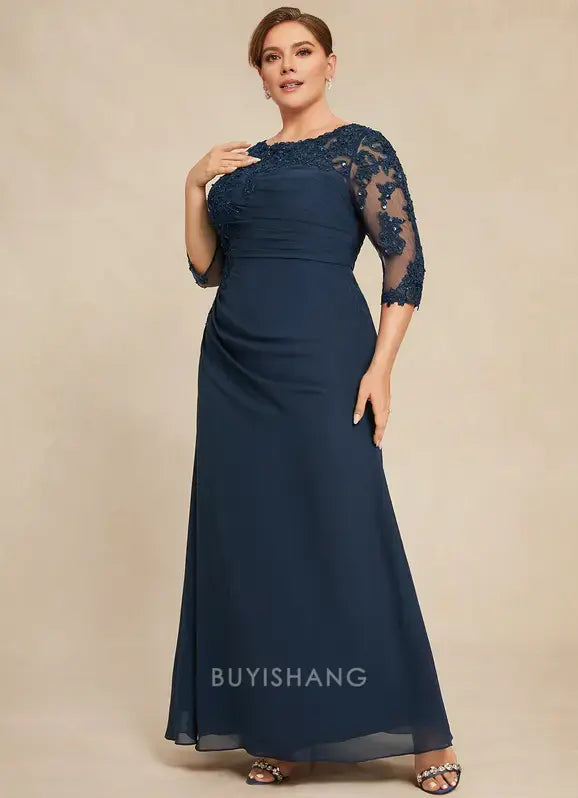 Elegant Round Neck Lace Appliqué Three-Quarter Sleeve Ruched Mermaid Maxi Dress Mother of the Bride Dress