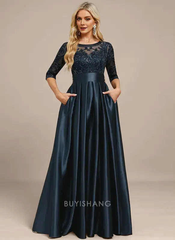 Elegant Round Neck Lace Appliqué Three-Quarter Sleeve Satin A-Line Maxi Dress with Pockets and Bow Detail Mother of the Bride Dress