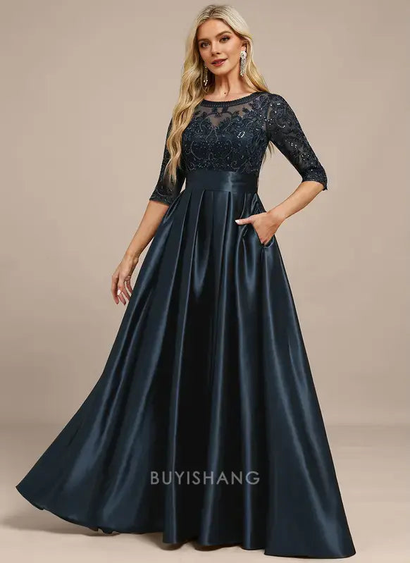 Elegant Round Neck Lace Appliqué Three-Quarter Sleeve Satin A-Line Maxi Dress with Pockets and Bow Detail Mother of the Bride Dress