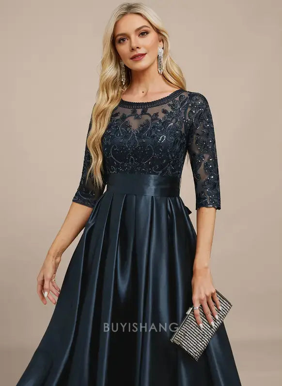 Elegant Round Neck Lace Appliqué Three-Quarter Sleeve Satin A-Line Maxi Dress with Pockets and Bow Detail Mother of the Bride Dress