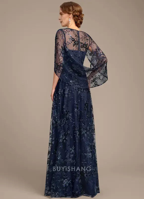 Elegant Round Neck Sequin Floral Lace Cape Sleeve A-Line Maxi Dress Mother of the Bride Dress