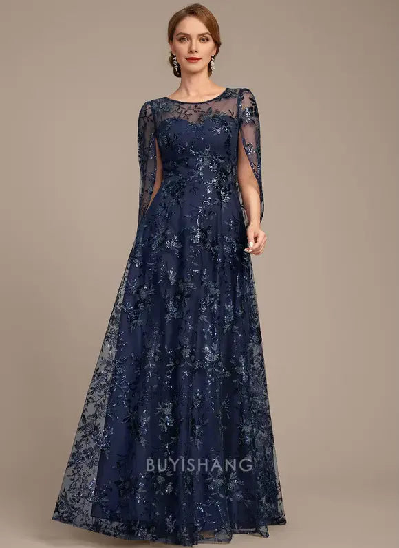 Elegant Round Neck Sequin Floral Lace Cape Sleeve A-Line Maxi Dress Mother of the Bride Dress