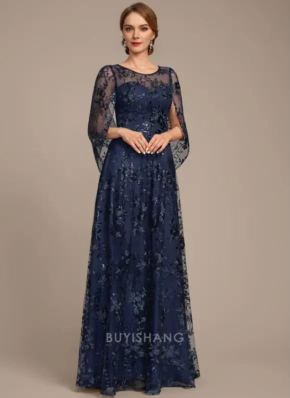 Elegant Round Neck Sequin Floral Lace Cape Sleeve A-Line Maxi Dress Mother of the Bride Dress