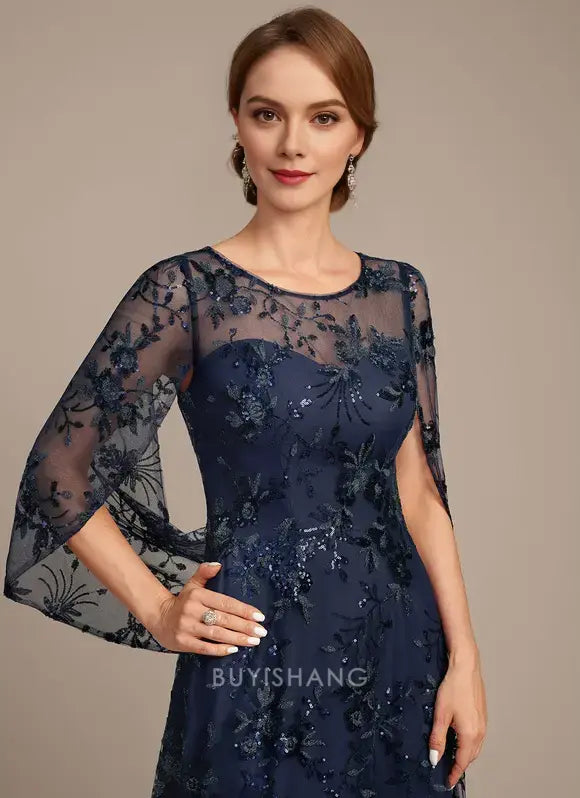 Elegant Round Neck Sequin Floral Lace Cape Sleeve A-Line Maxi Dress Mother of the Bride Dress