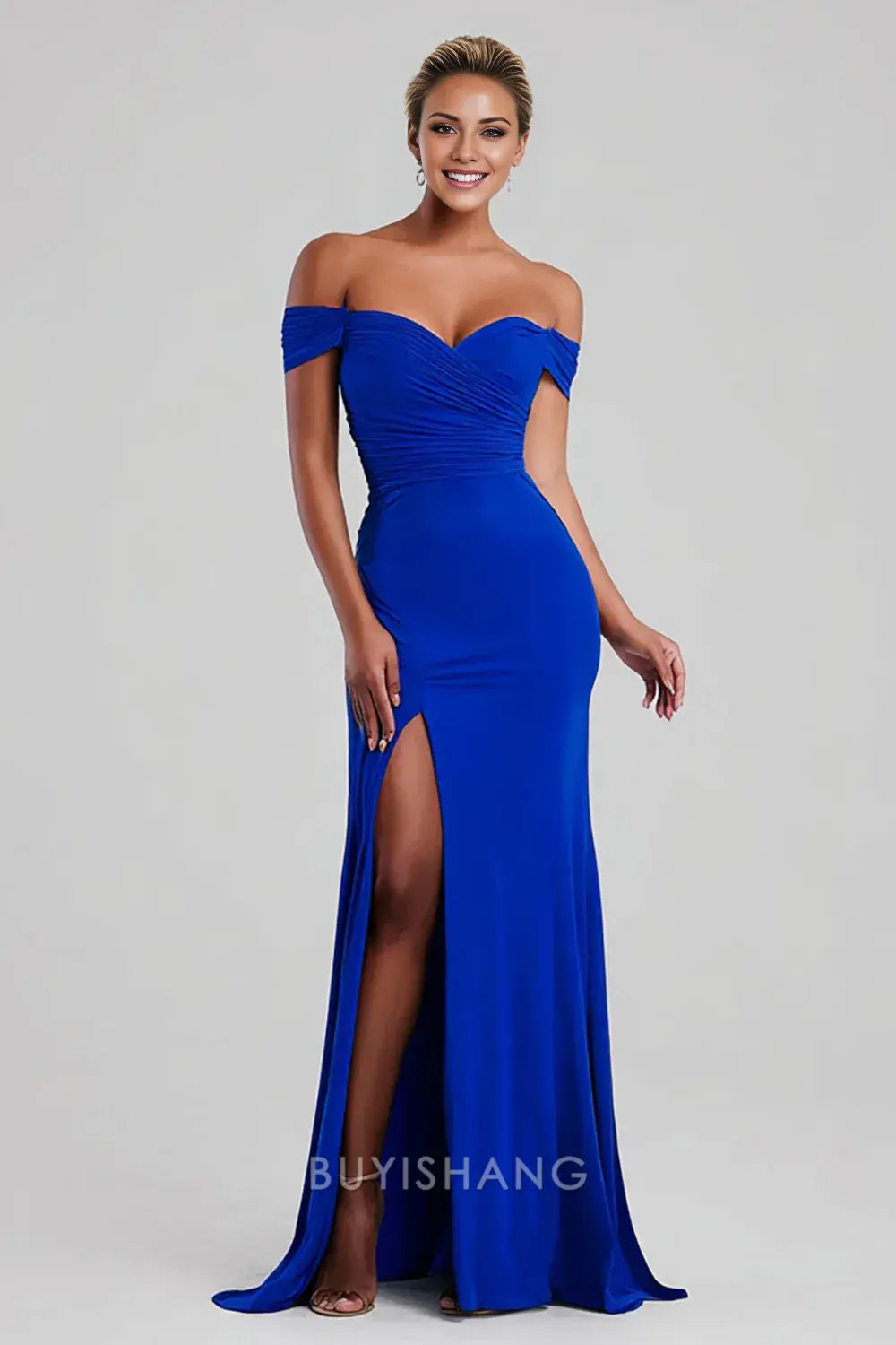 Elegant Royal Blue Off the Shoulder Mermaid Long Formal Dress with Slit Prom Dress