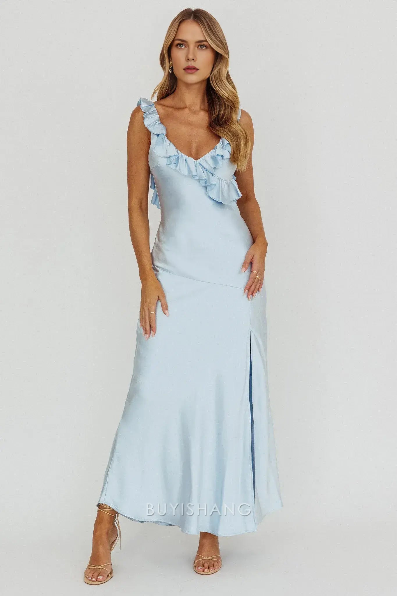 Elegant Ruffled V - Neck Satin Maxi Dress with Side Slit prom dress