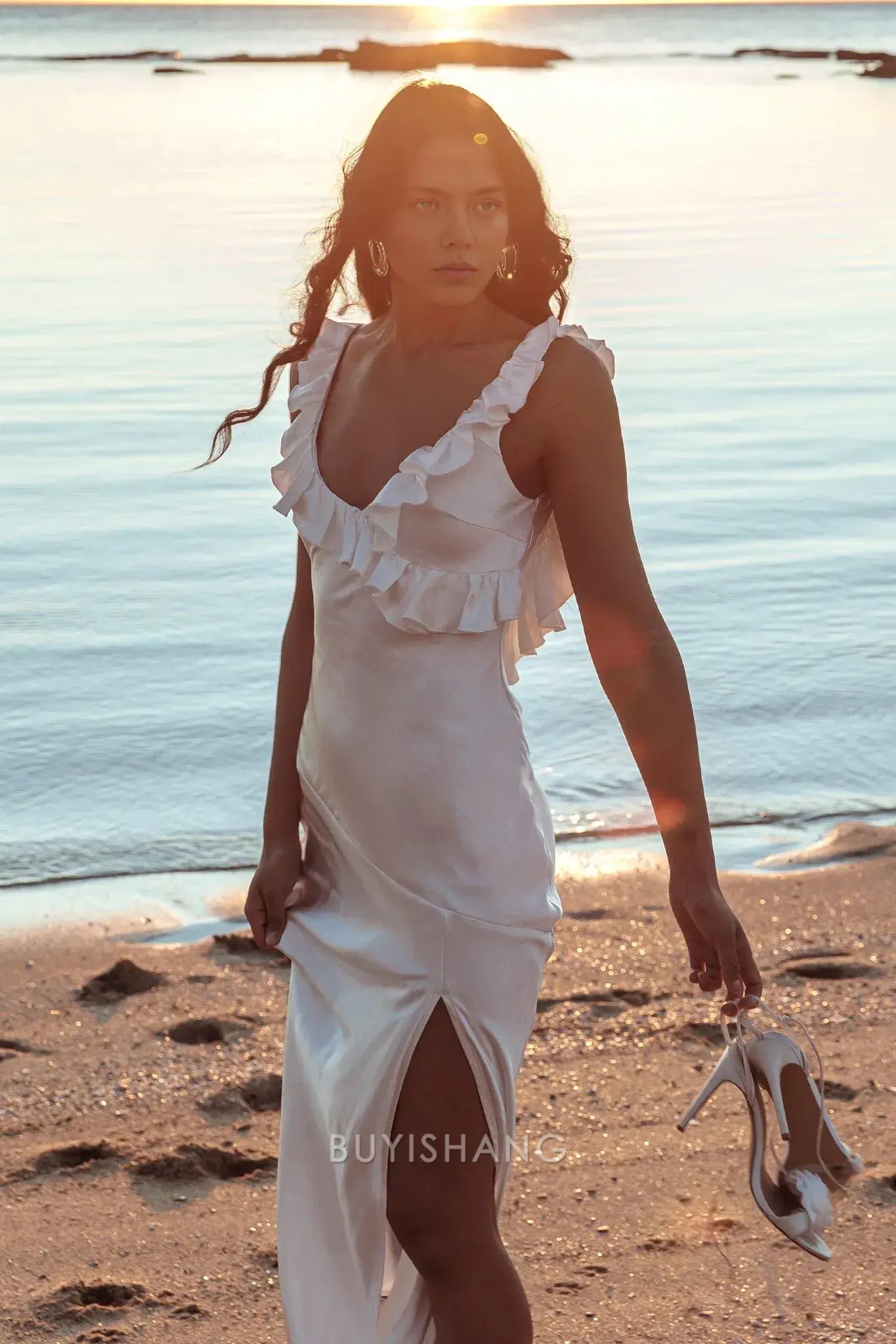 Elegant Ruffled V - Neck Satin Maxi Dress with Side Slit prom dress