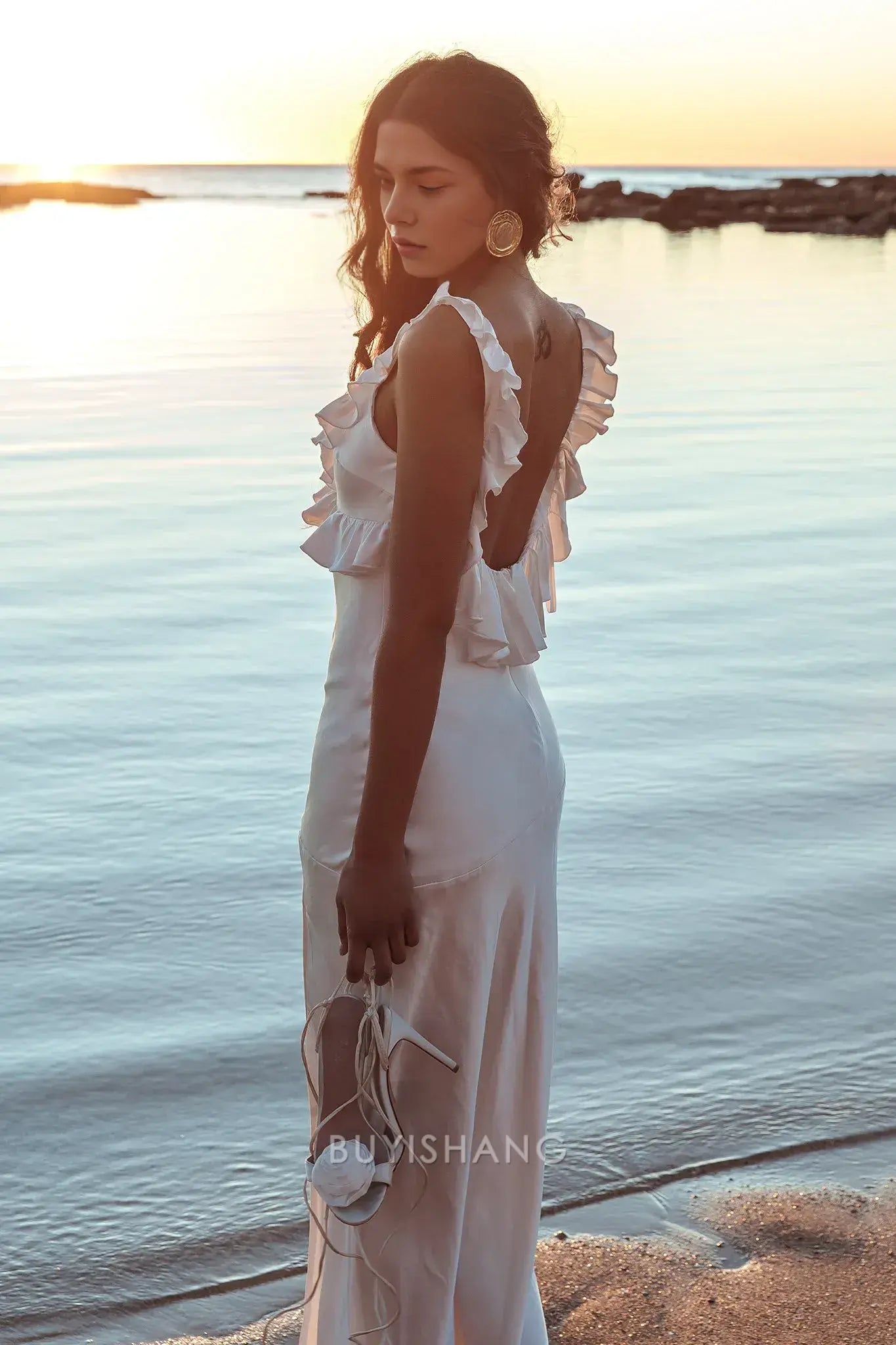 Elegant Ruffled V - Neck Satin Maxi Dress with Side Slit prom dress