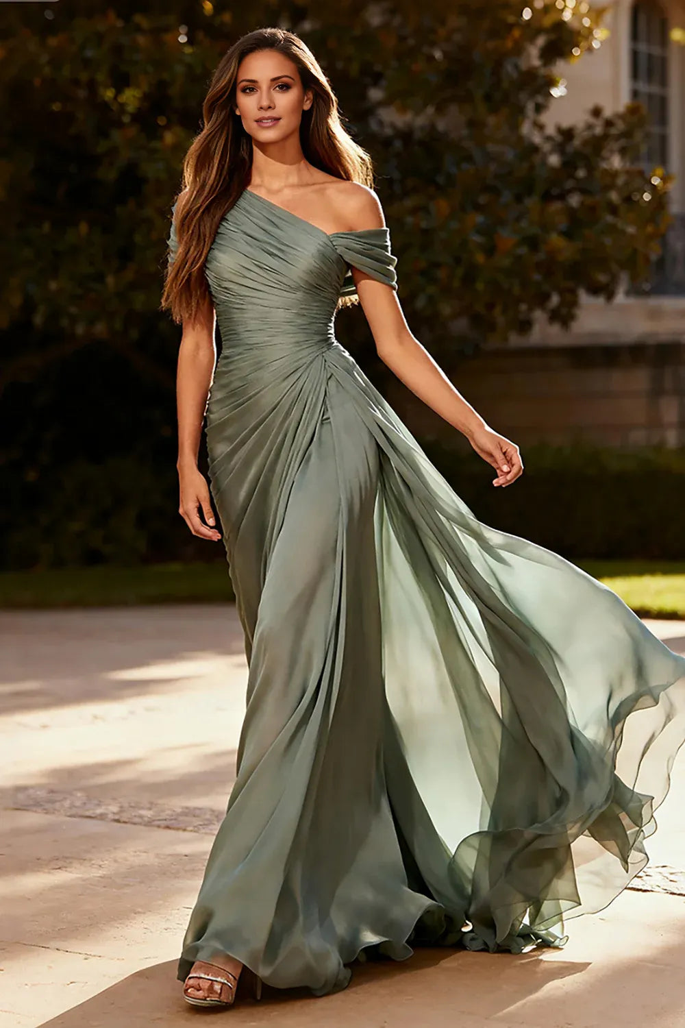 Elegant Sage Green Chiffon One-Shoulder Draped Ruched Off-the-Shoulder Floor-Length Prom Dress