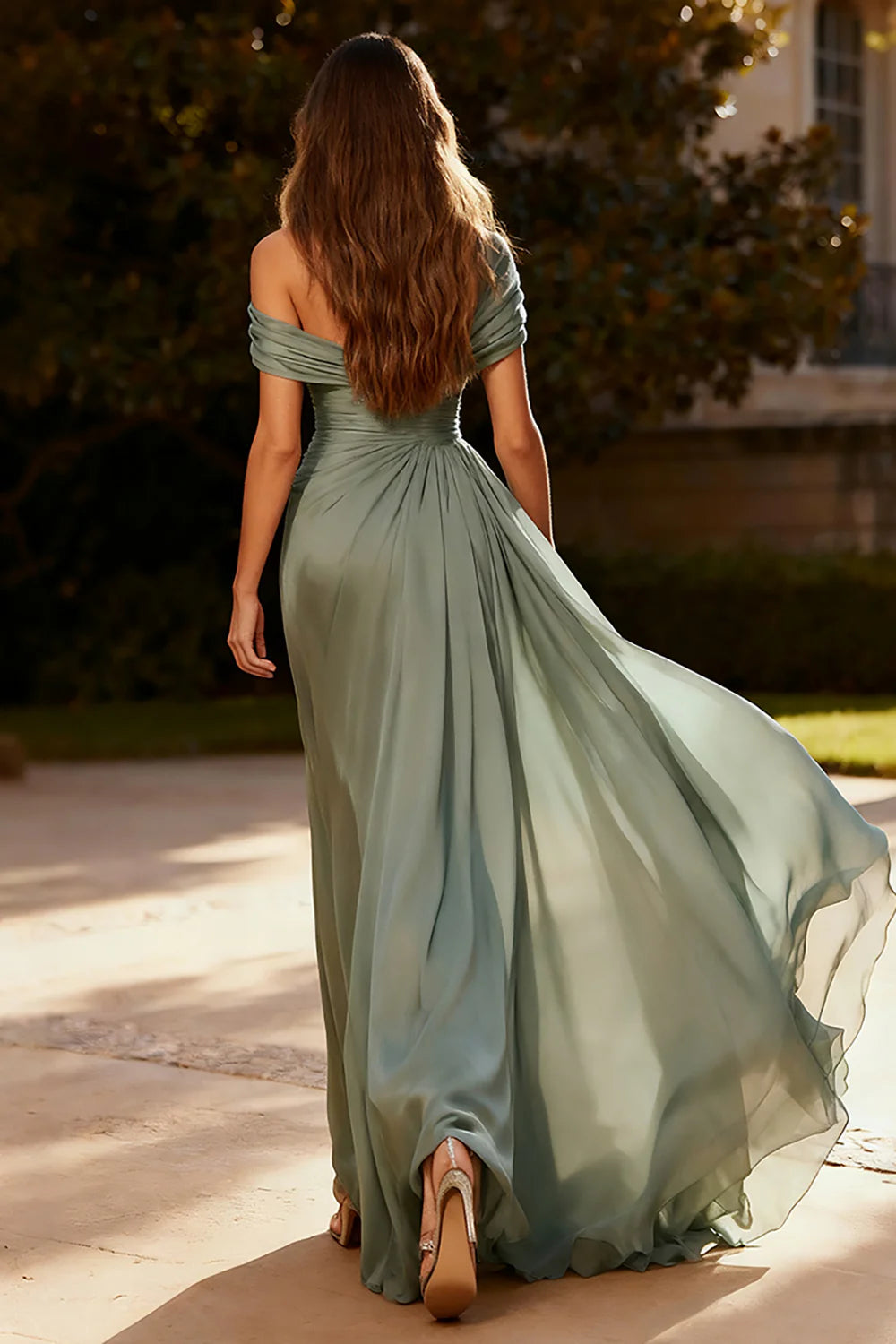 Elegant Sage Green Chiffon One-Shoulder Draped Ruched Off-the-Shoulder Floor-Length Prom Dress