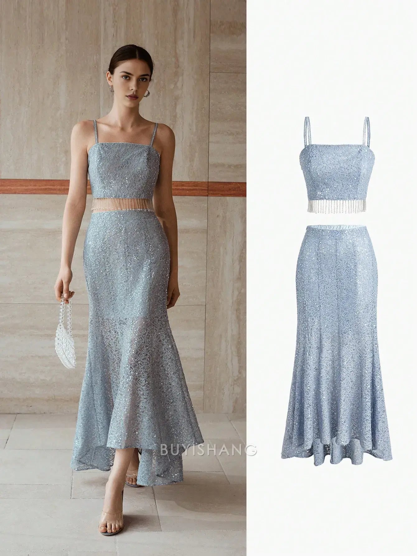 Elegant Sequin Lace Two - Piece Mermaid Maxi Dress with Fringe Detail Prom Dresses