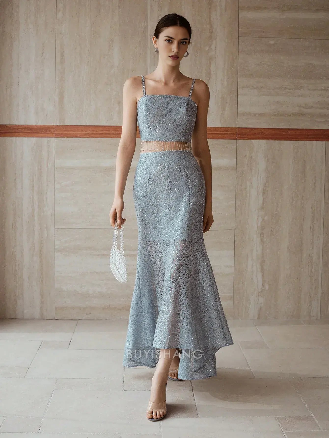 Elegant Sequin Lace Two - Piece Mermaid Maxi Dress with Fringe Detail Prom Dresses