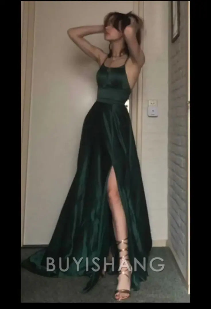 Buyishang Elegant Sexy A Line Halter Dark Green Satin Long Evening Gowns Prom Dresses