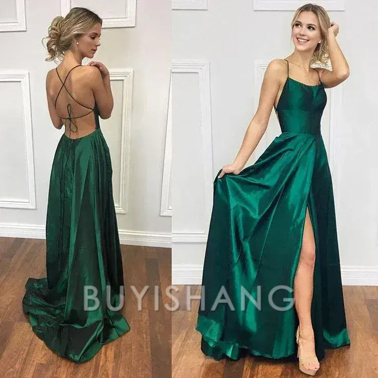 Buyishang Elegant Sexy A Line Halter Dark Green Satin Long Evening Gowns Prom Dresses