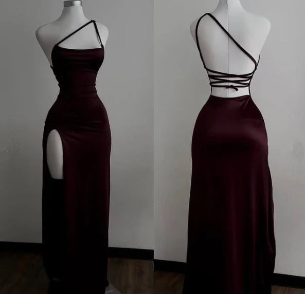 Buyishang Elegant Sexy Mermaid One Shoulder Floor Length Burgundy Backless Evening Dress Prom Dresses