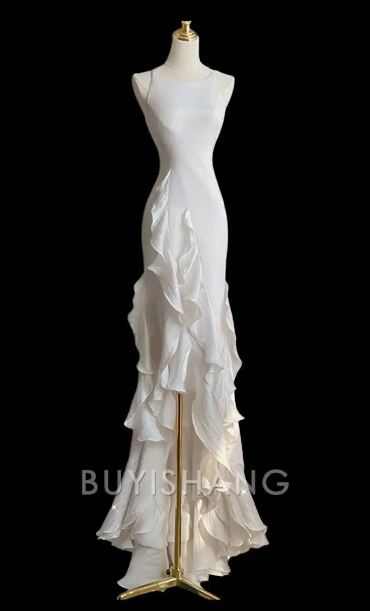 Buyishang Elegant Sexy Mermaid Scoop Satin Night Party Dress White Long Prom Dresses