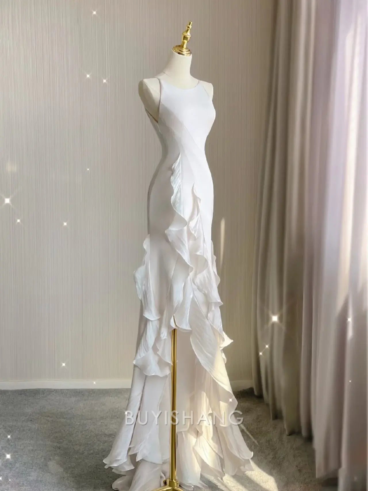 Buyishang Elegant Sexy Mermaid Scoop Satin Night Party Dress White Long Prom Dresses
