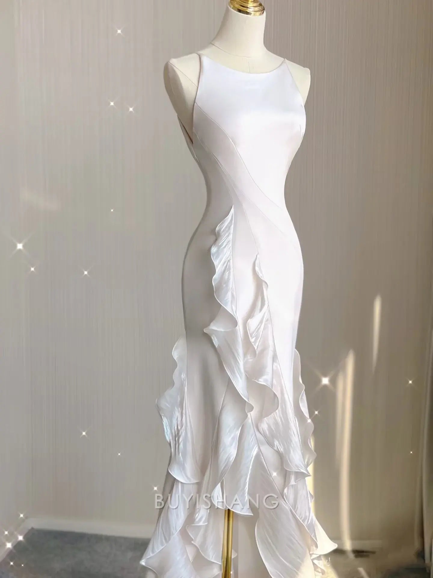 Buyishang Elegant Sexy Mermaid Scoop Satin Night Party Dress White Long Prom Dresses