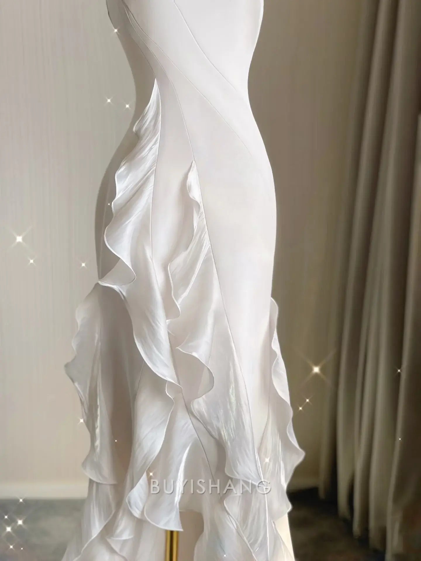 Buyishang Elegant Sexy Mermaid Scoop Satin Night Party Dress White Long Prom Dresses