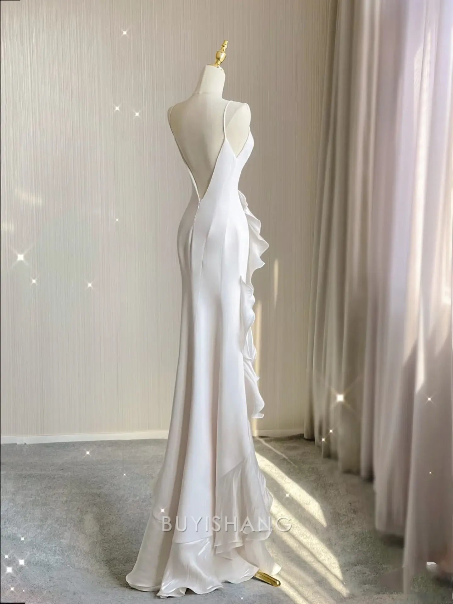 Buyishang Elegant Sexy Mermaid Scoop Satin Night Party Dress White Long Prom Dresses