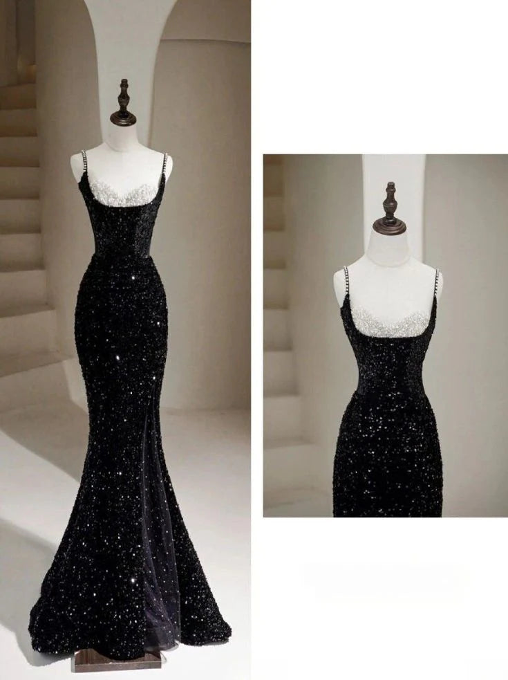 Buyishang Elegant Sexy Mermaid Spaghetti Straps Sequin Black Long Prom Dresses