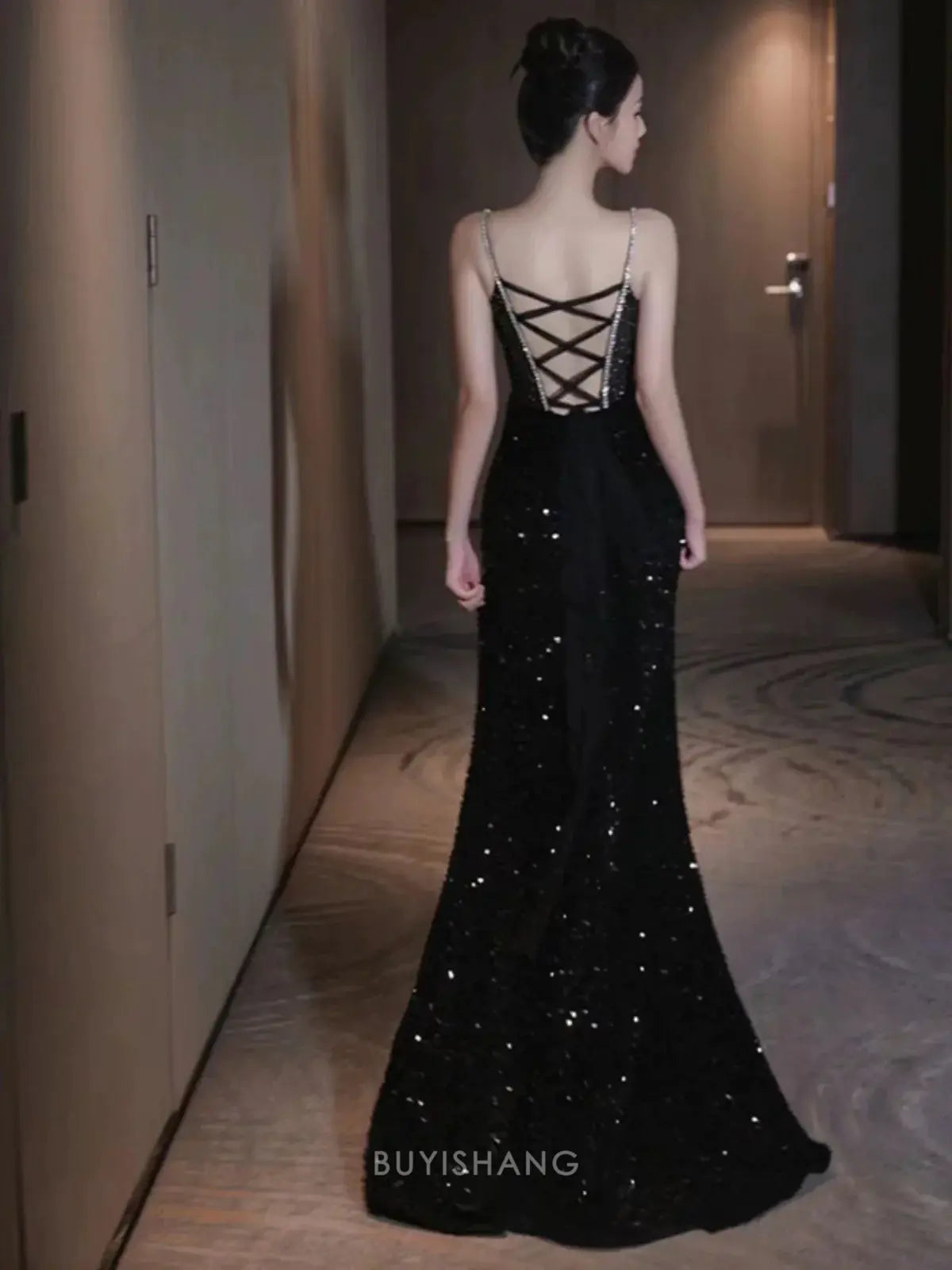 Buyishang Elegant Sexy Mermaid Spaghetti Straps Sequin Black Long Prom Dresses