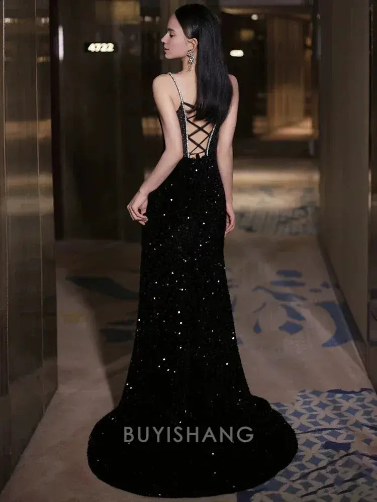 Buyishang Elegant Sexy Mermaid Spaghetti Straps Sequin Black Long Prom Dresses