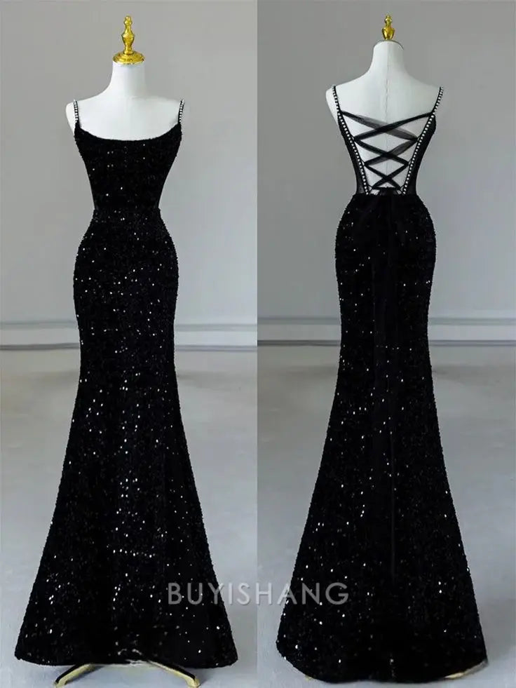 Buyishang Elegant Sexy Mermaid Spaghetti Straps Sequin Black Long Prom Dresses