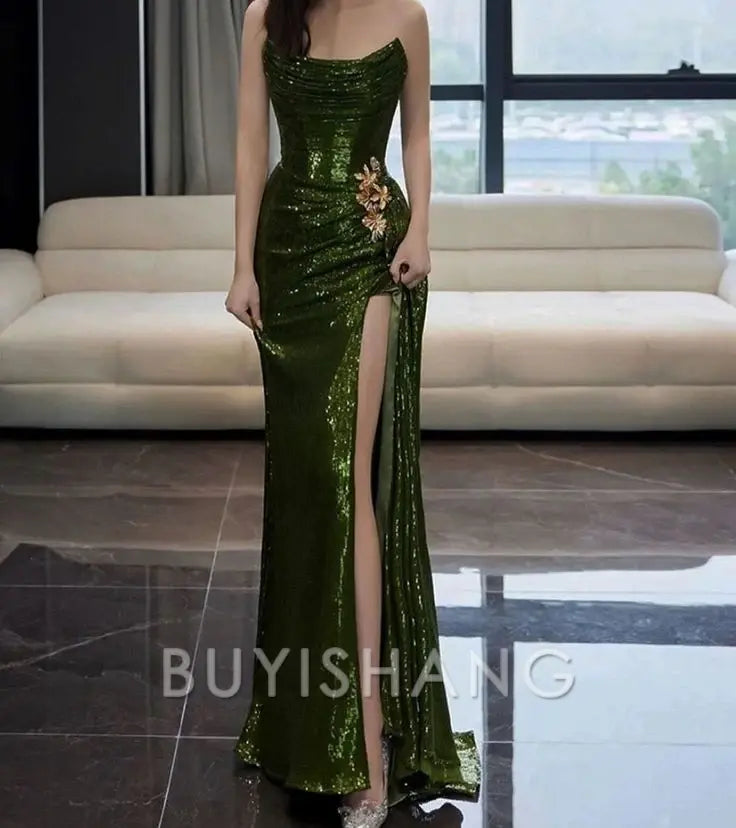 Buyishang Elegant Sexy Mermaid Strapless Dark Green Sequin Long Prom Dresses Evening Gowns