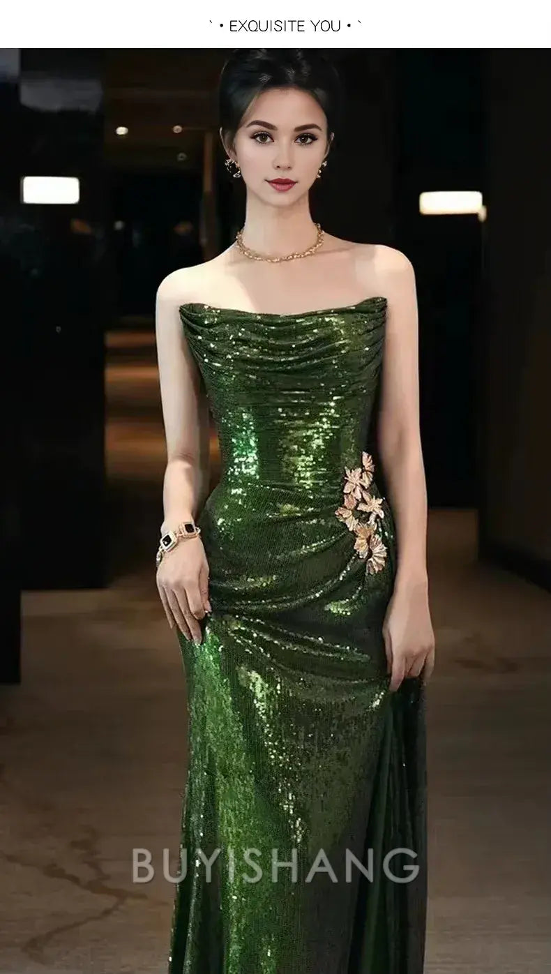Buyishang Elegant Sexy Mermaid Strapless Dark Green Sequin Long Prom Dresses Evening Gowns